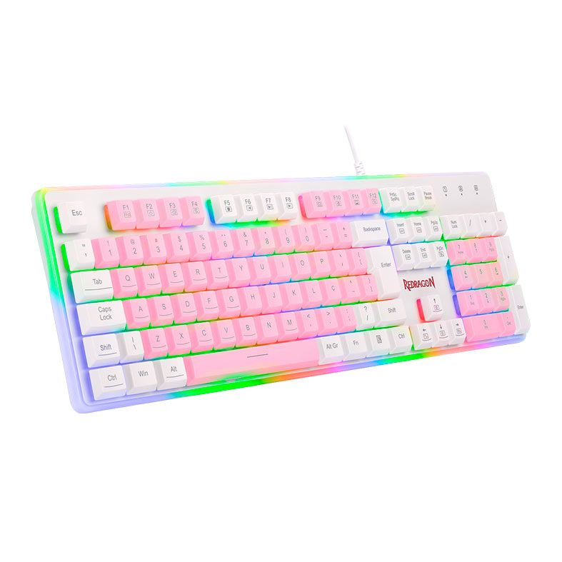 Teclado Gamer Redragon Dyaus2, RGB, ABNT2, USB, Rosa e Branco, K509PW-RGB-PT
