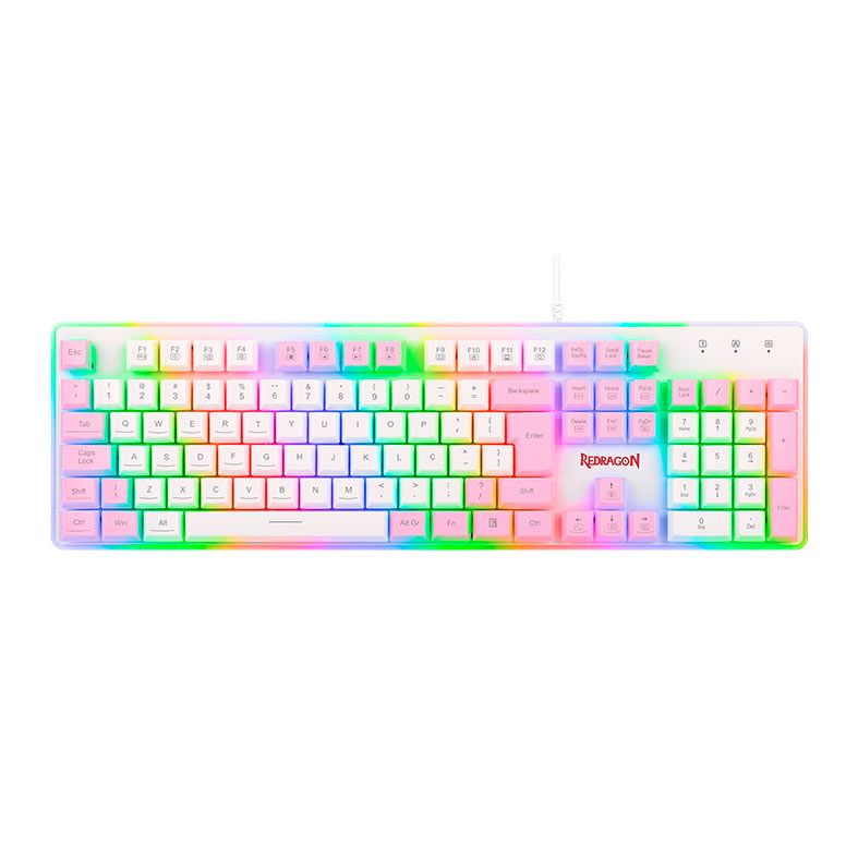 Teclado Gamer Redragon Dyaus2 RGB, ABNT2, Branco e Rosa, K509WP-RGB-PT