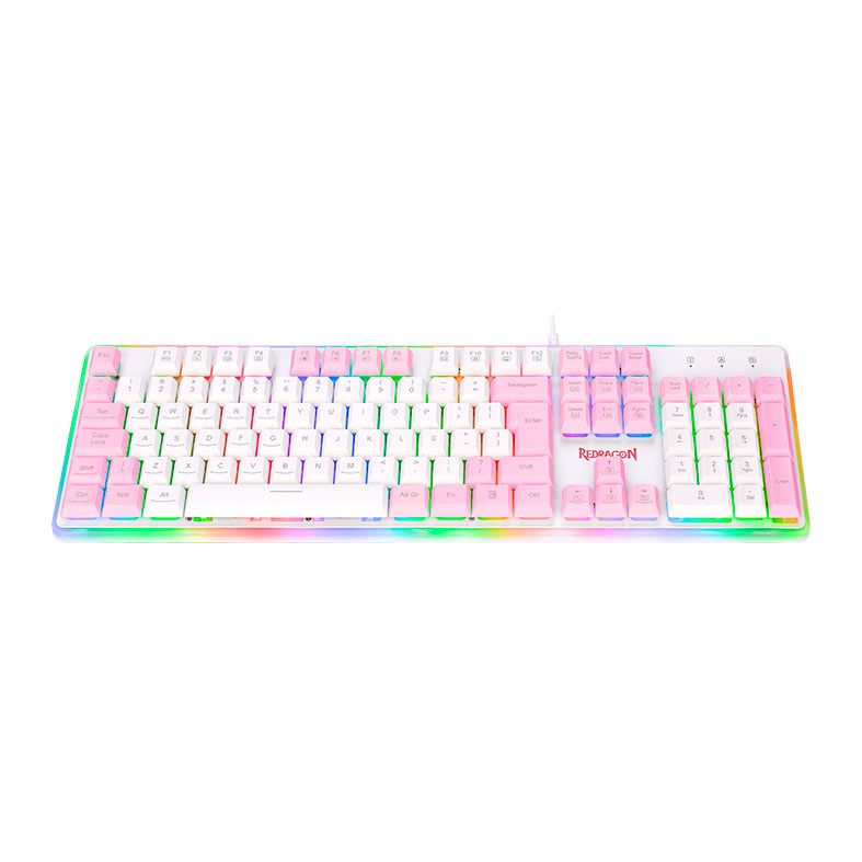 Teclado Gamer Redragon Dyaus2 RGB, ABNT2, Branco e Rosa, K509WP-RGB-PT