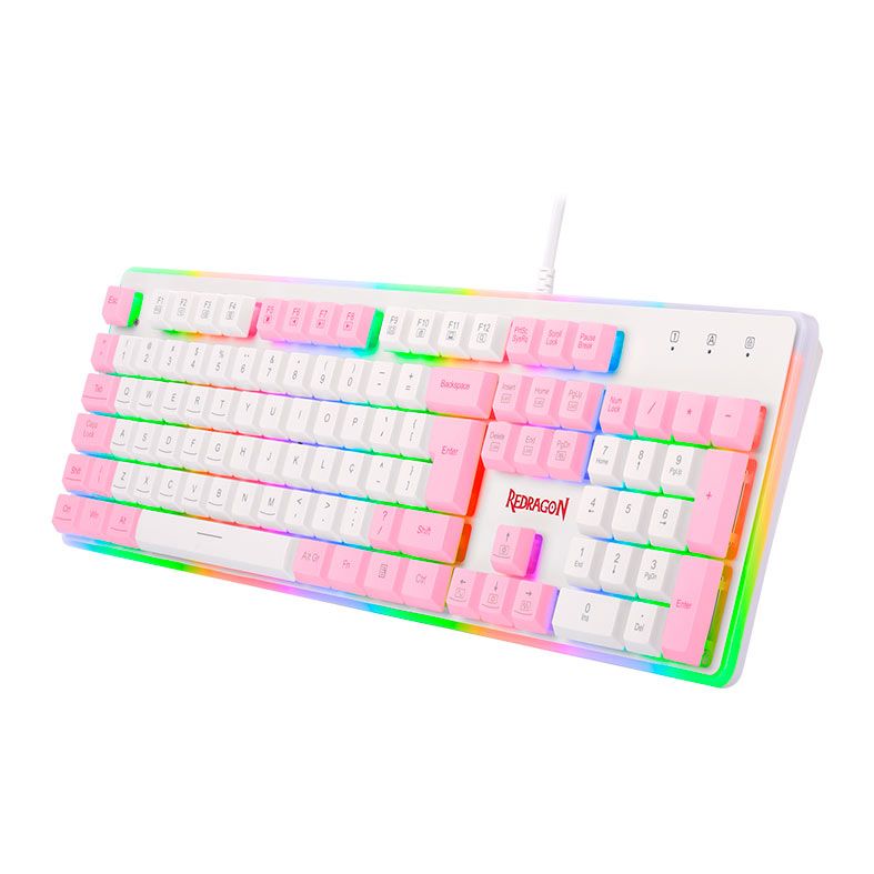 Teclado Gamer Redragon Dyaus2 RGB, ABNT2, Branco e Rosa, K509WP-RGB-PT
