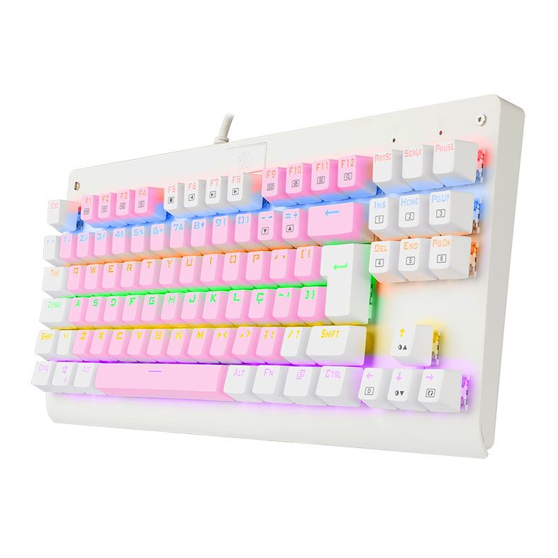 Teclado Mecanico Gamer Redragon Dark Avenger, Rainbow, Switch Brown, Branco e Rosa, K568PW-R-PT-BROWN