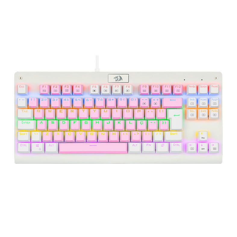 Teclado Mecanico Gamer Redragon Dark Avenger, Rainbow, Switch Brown, Branco e Rosa, K568PW-R-PT-BROWN