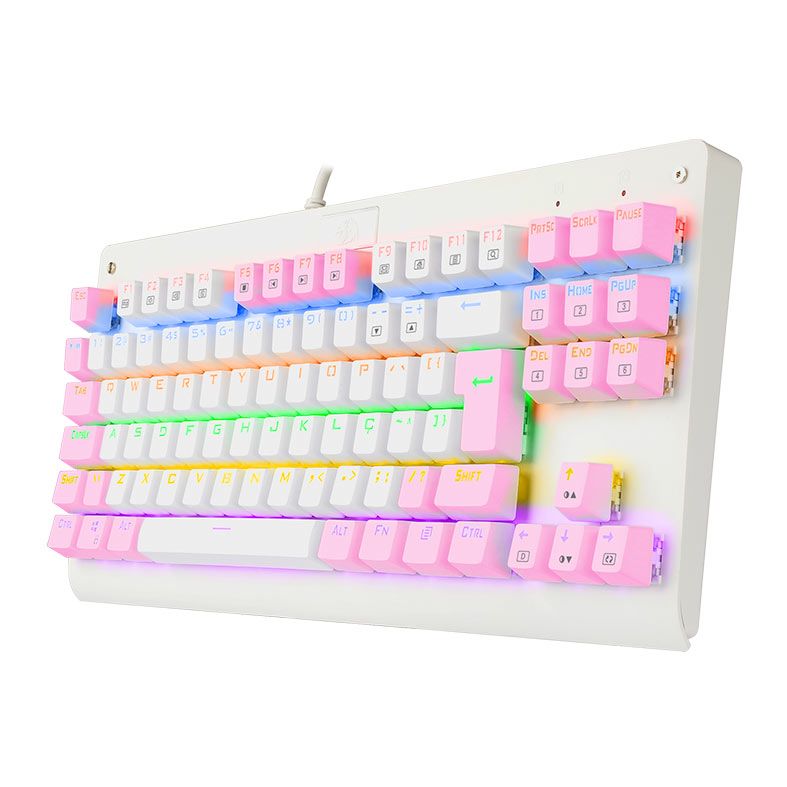 Teclado Mecanico Gamer Redragon Dark Avenger, Rainbow, Switch Azul, Branco e Rosa, K568WP-R-PT-BLUE