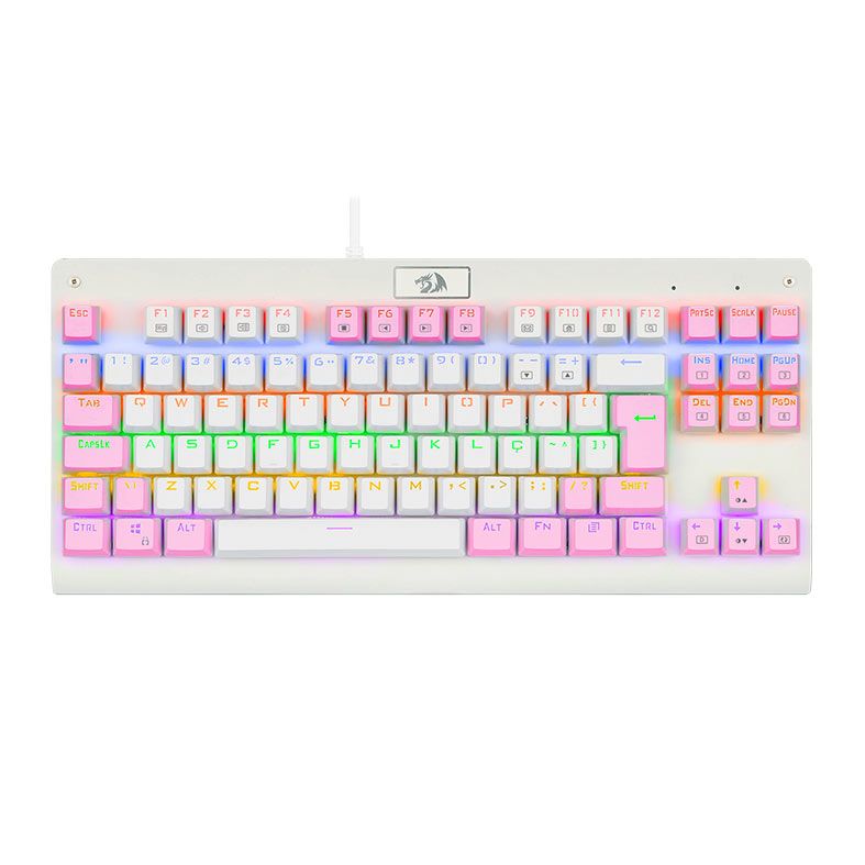 Teclado Mecanico Gamer Redragon Dark Avenger, Rainbow, Switch Marrom, Branco e Rosa, K568WP-R-PT-BROWN