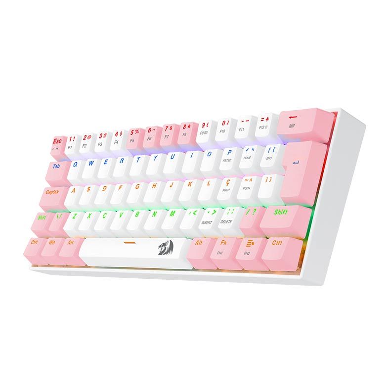 Teclado Mecanico Gamer Redragon Lakshmi, Rainbow, ABNT2, Switch Brown, Branco e Rosa, K606WP-R-PT-BROWN