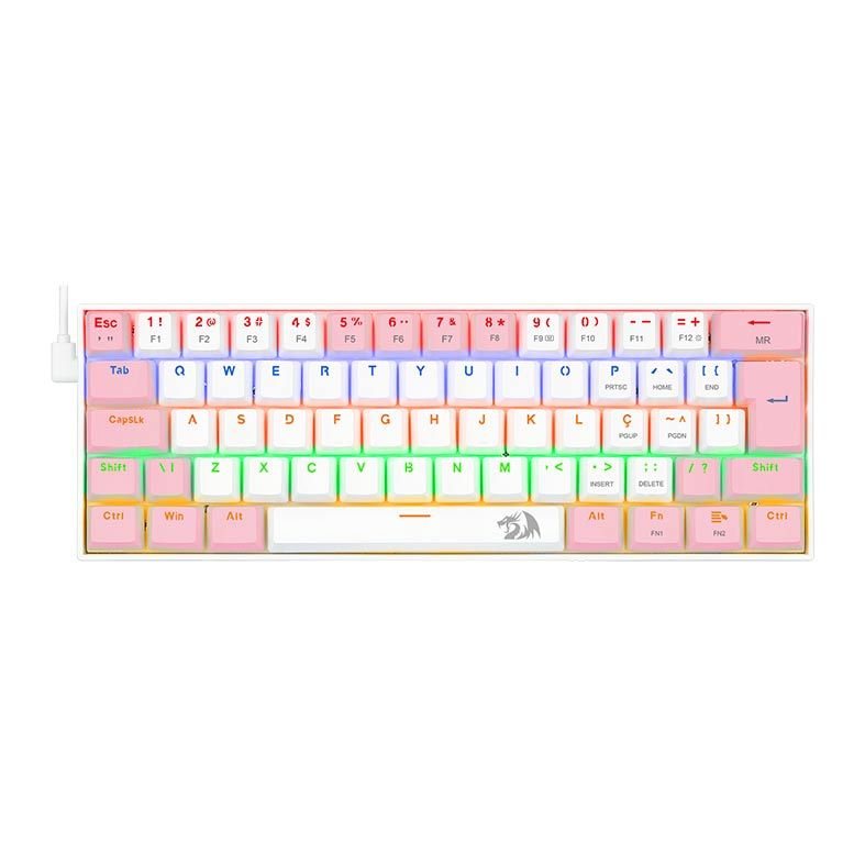 Teclado Mecanico Gamer Redragon Lakshmi, Rainbow, ABNT2, Switch Brown, Branco e Rosa, K606WP-R-PT-BROWN
