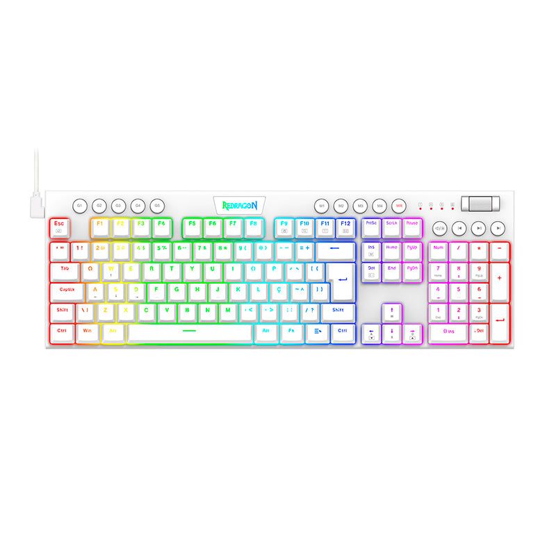 Teclado Mecanico Gamer Redragon Horus, RGB, ABNT2, Switch Marrom, USB, Branco, K619W-RGB-PT-BROWN
