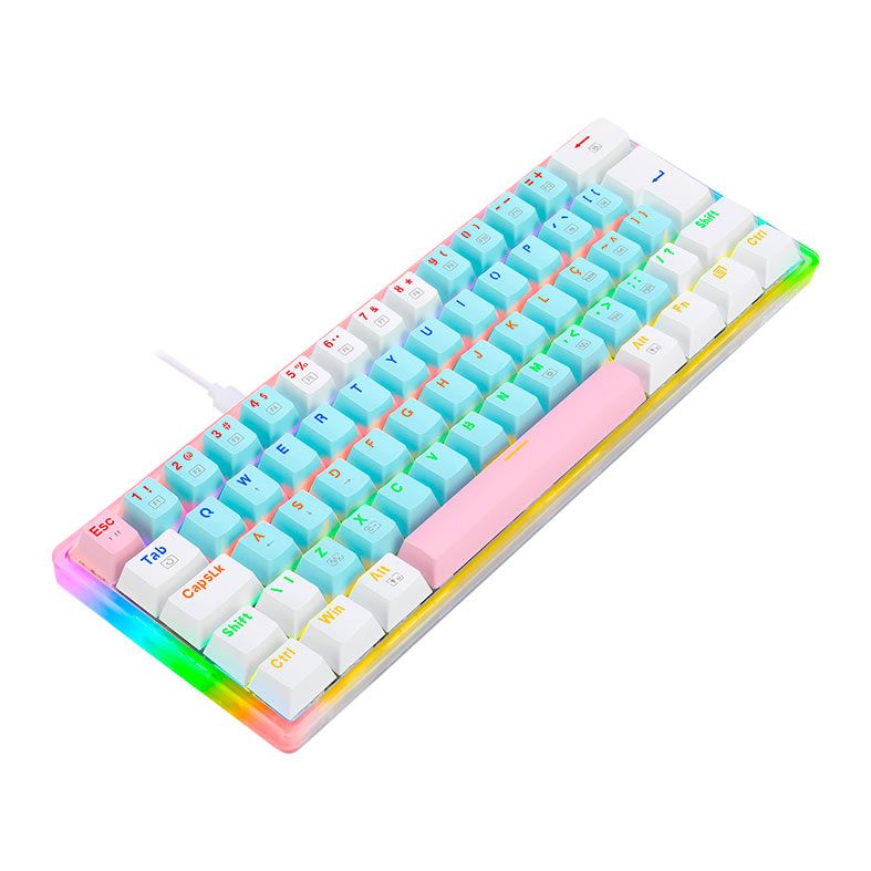 Teclado Mecanico Gamer Redragon Akali Cotton Candy, Rainbow, Switch Brown, Azul e Branco, K642R-PBW-PT-BROWN