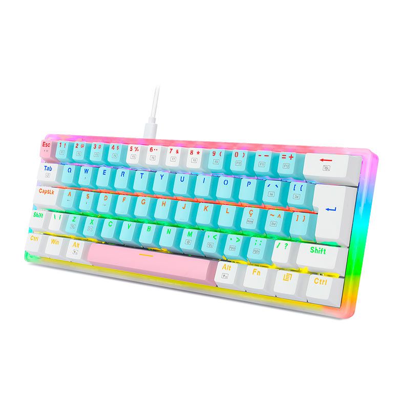 Teclado Mecanico Gamer Redragon Akali Cotton Candy, Rainbow, Switch Brown, Azul e Branco, K642R-PBW-PT-BROWN