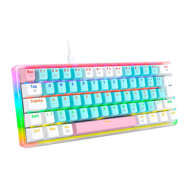 Teclado Mecanico Gamer Redragon Akali Cotton Candy, Rainbow, Switch Brown, Azul e Branco, K642R-PBW-PT-BROWN