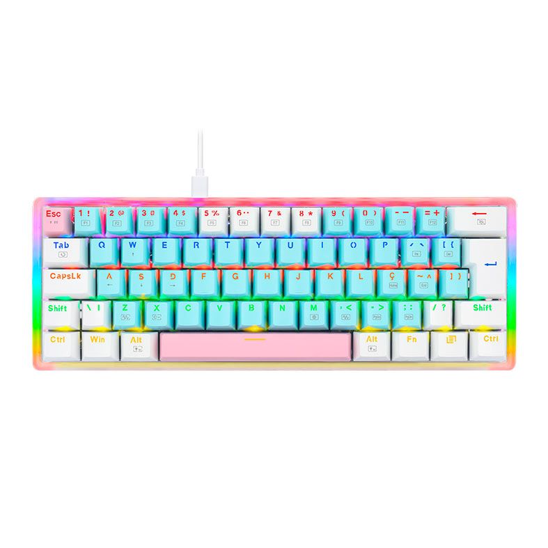 Teclado Mecanico Gamer Redragon Akali Cotton Candy, Rainbow, Switch Brown, Azul e Branco, K642R-PBW-PT-BROWN