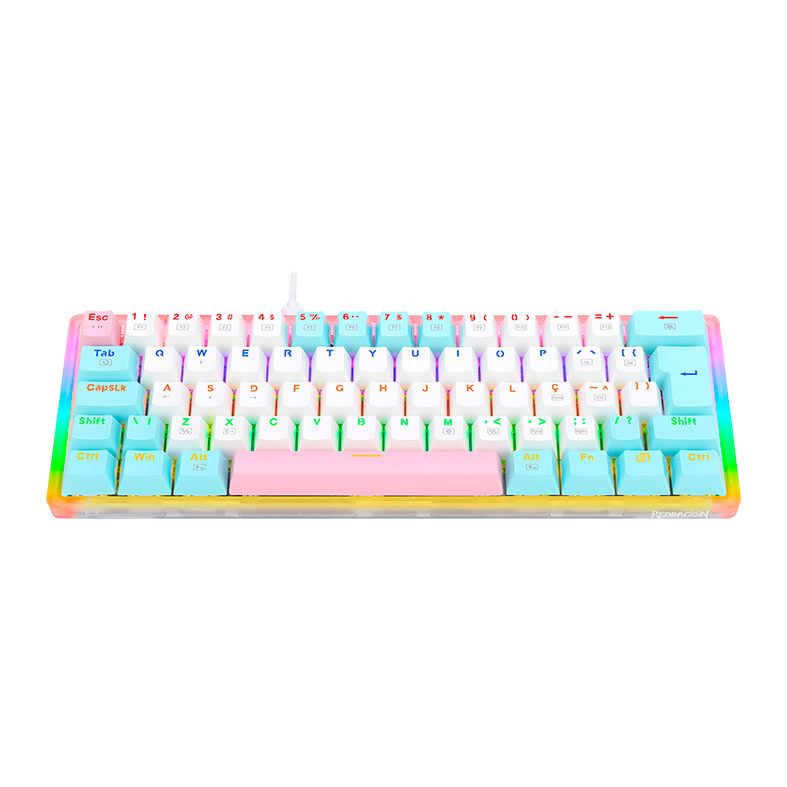 Teclado Mecanico Gamer Redragon Akali Ice Cream, Rainbow, Switch Brown, Branco e Azul, K642R-PWB-PT-BROWN