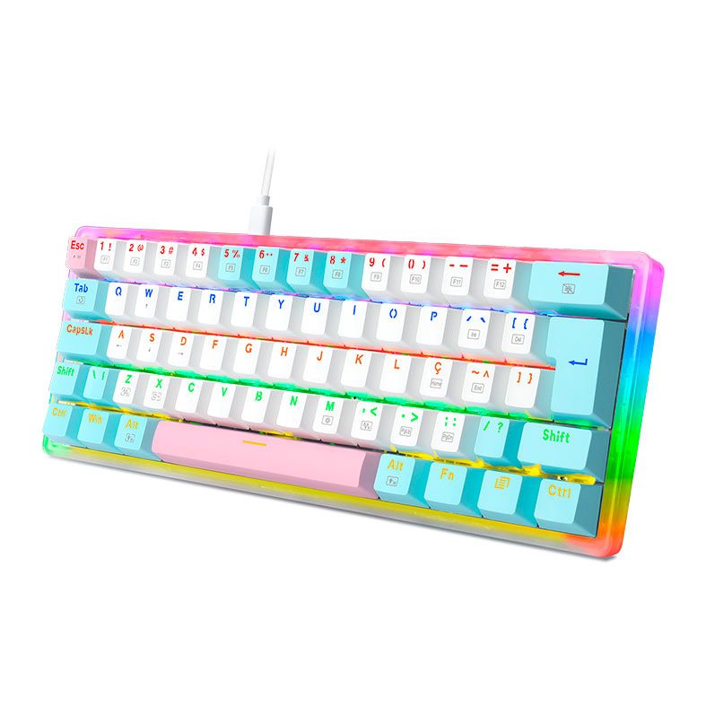 Teclado Mecanico Gamer Redragon Akali Ice Cream, Rainbow, Switch Brown, Branco e Azul, K642R-PWB-PT-BROWN