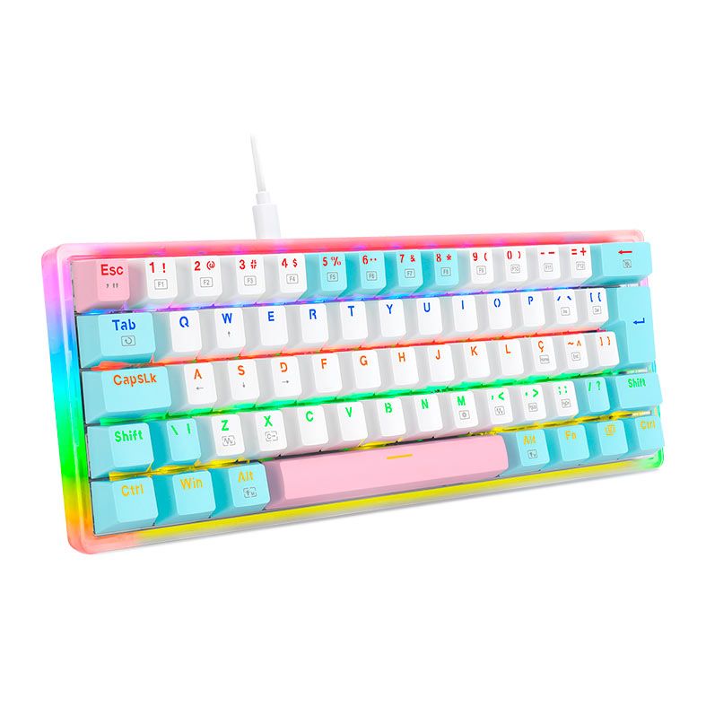Teclado Mecanico Gamer Redragon Akali Ice Cream, Rainbow, Switch Brown, Branco e Azul, K642R-PWB-PT-BROWN