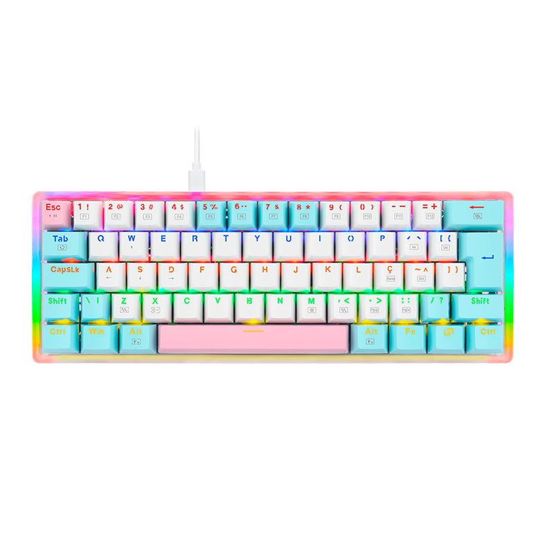 Teclado Mecanico Gamer Redragon Akali Ice Cream, Rainbow, Switch Brown, Branco e Azul, K642R-PWB-PT-BROWN