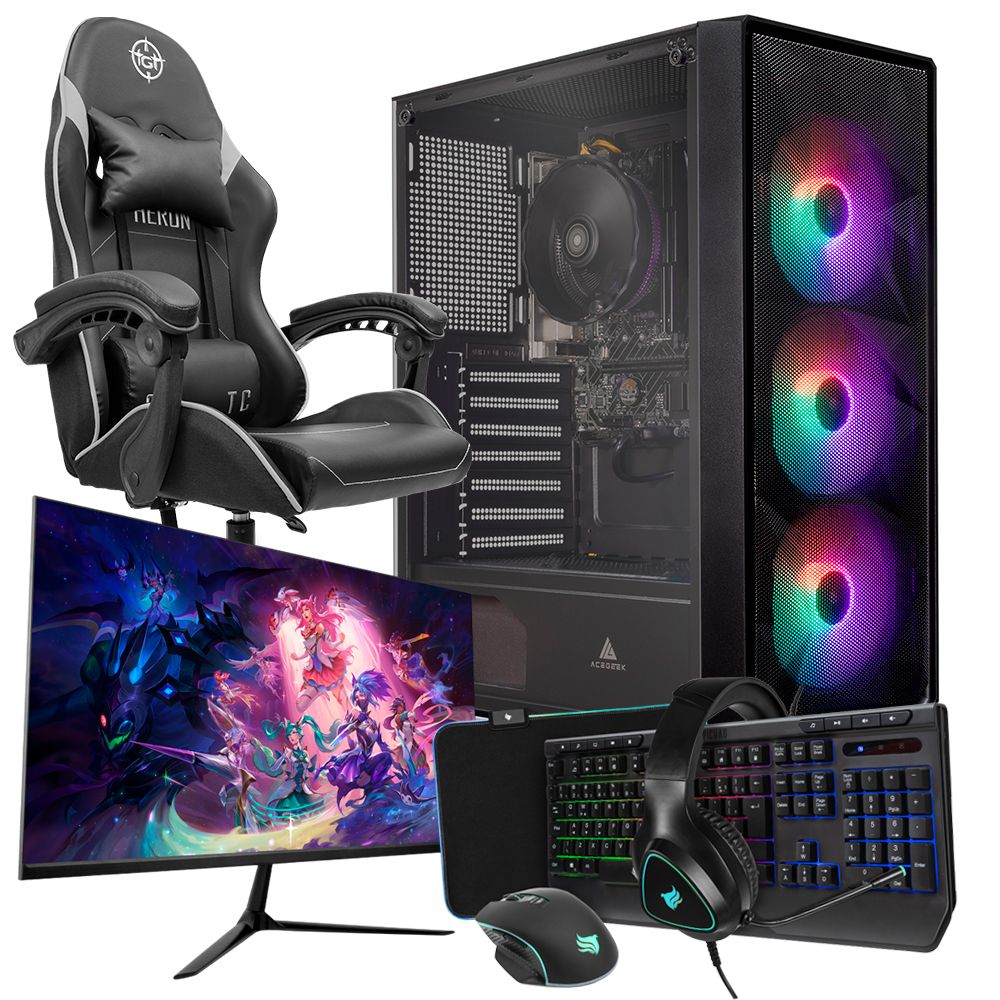 PC Completo Pichau Dionísio II, Intel i3-8100T, UHD Intel 630, 16GB DDR4, SSD 480GB + Monitor + Cadeira + Kit Periféricos