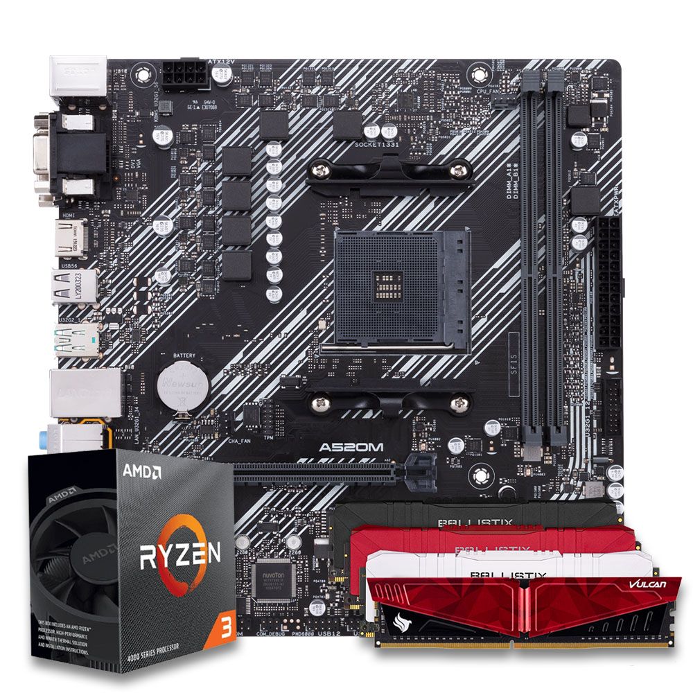 Pichau Kit upgrade, AMD Ryzen 3 4100, A520M DDR4, 8GB DDR4