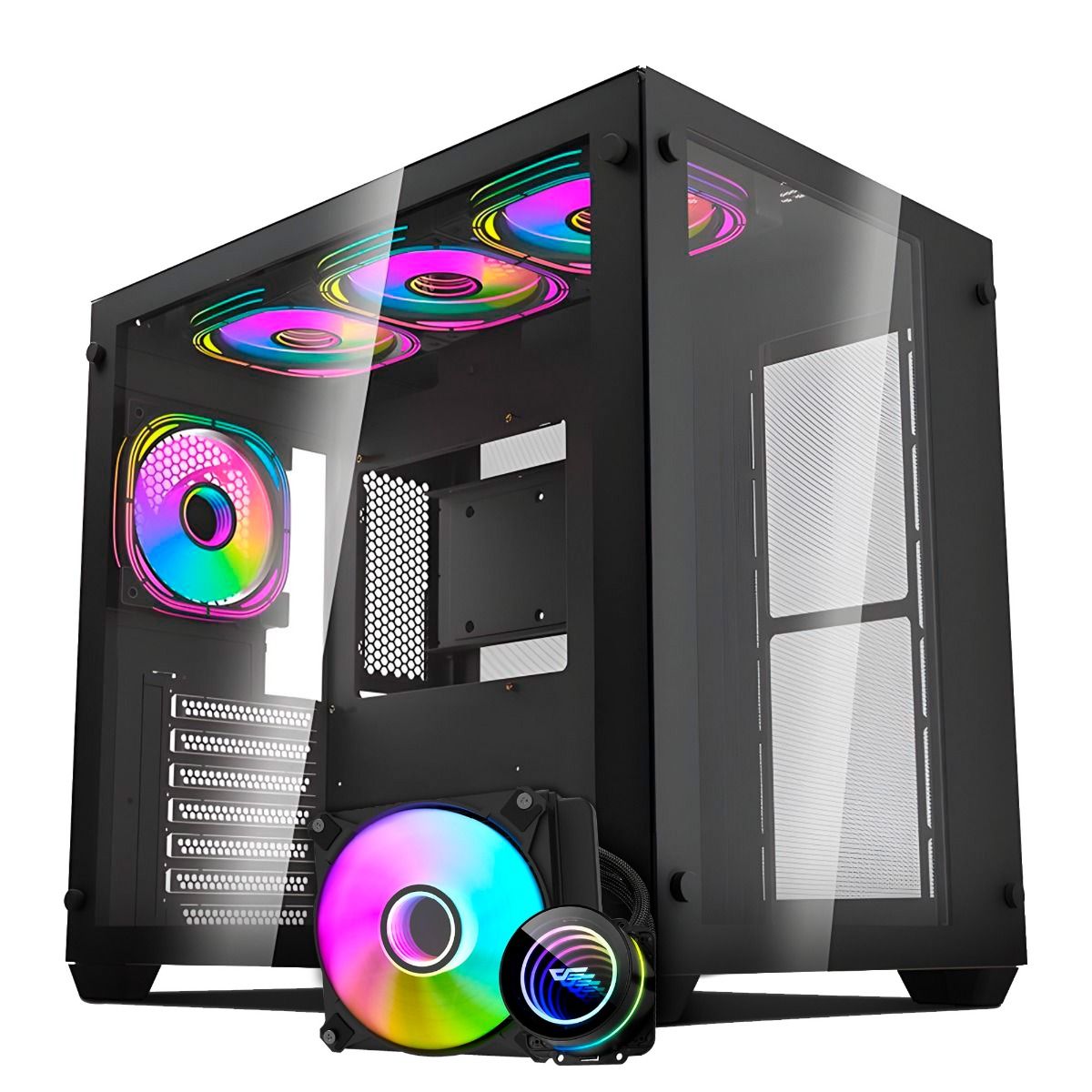 Kit Gabinete Gamer Aigo Darkflash C285, ARGB, Mid-Tower, Lateral de Vidro, Com 4 Fans, Preto + Water Cooler Aigo Darkflash Twister DX120 V2, ARGB, 120mm, Preto