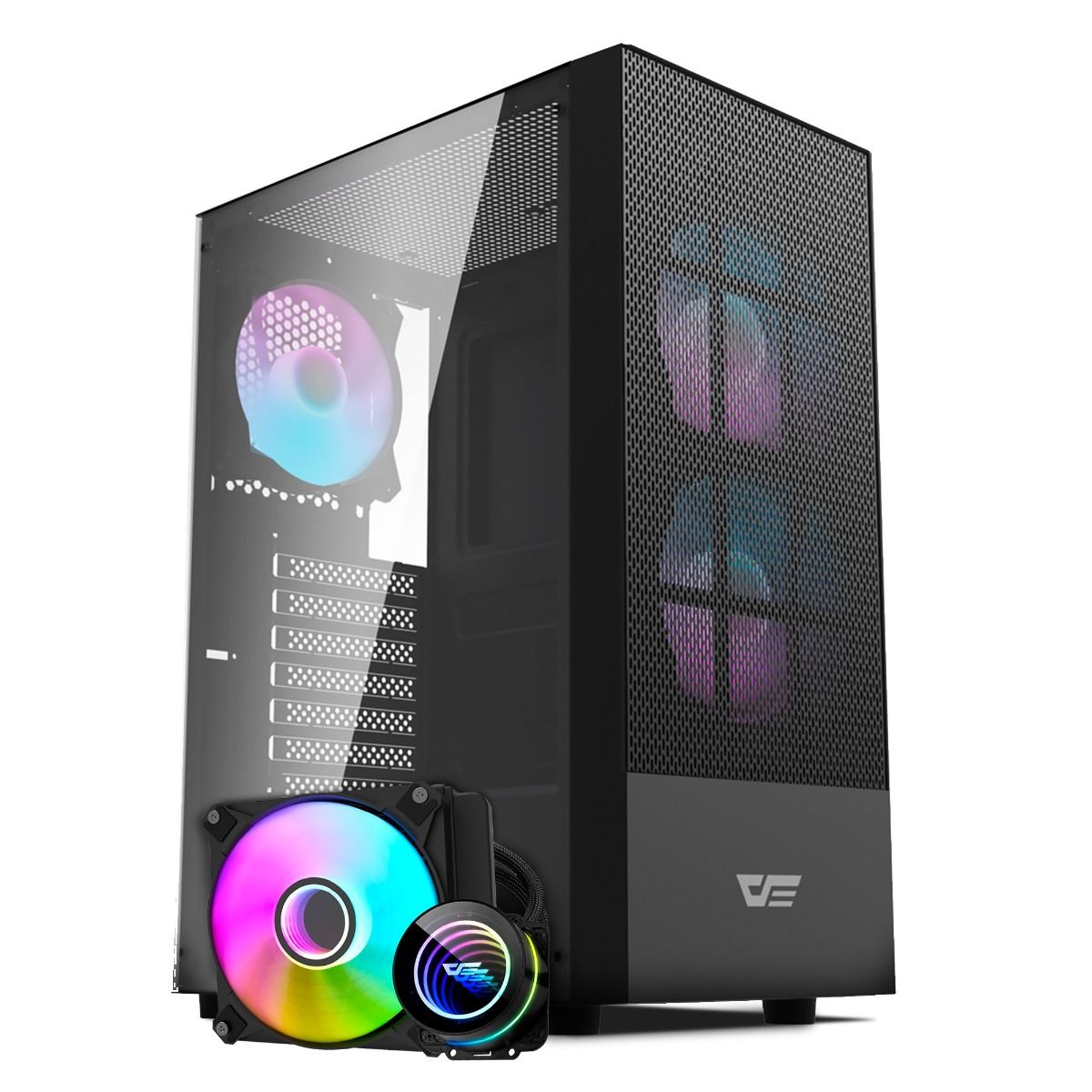 Kit Gabinete Gamer Aigo Darkflash A290 Mesh, ARGB, Mid-Tower, Lateral de Vidro, Com 3 Fans,Preto + Water Cooler Aigo Darkflash Twister DX120 V2, ARGB, 120mm, Preto