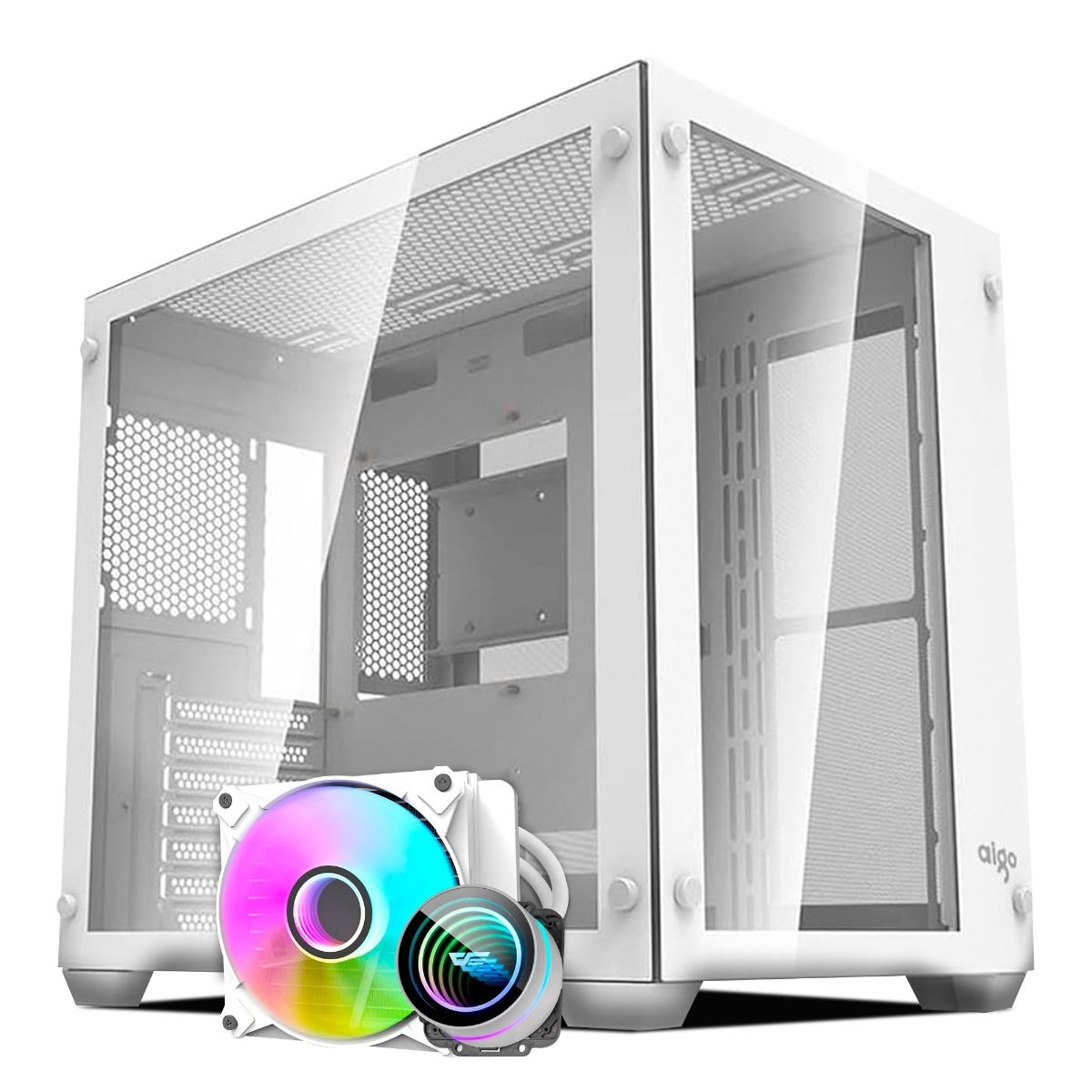 Kit Gabinete Gamer Aigo Darkflash C285, ARGB, Mid-Tower, Lateral de Vidro, Branco+ Water Cooler Aigo Darkflash Twister DX120 V2, ARGB, 120mm, Branco