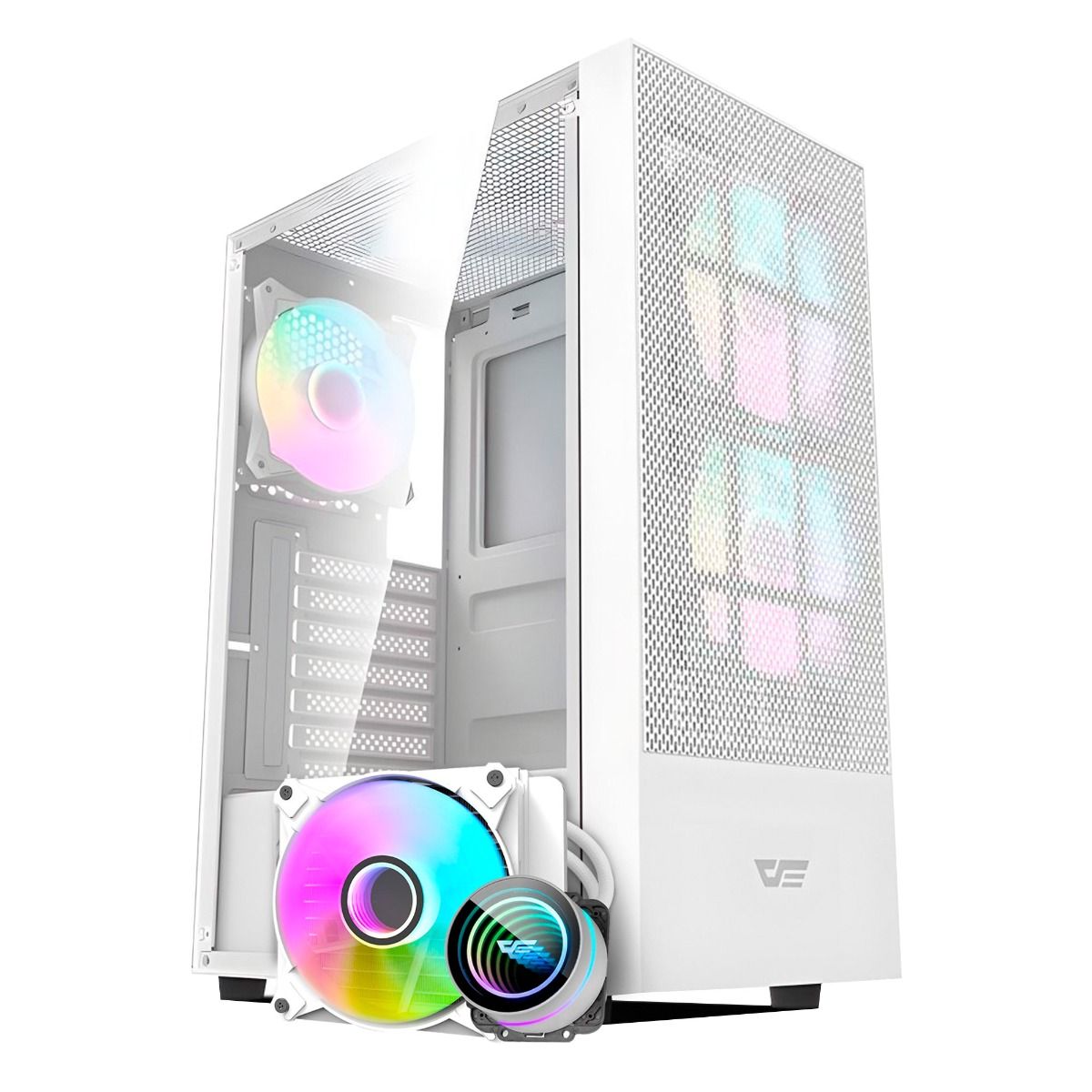 Kit Gabinete Gamer Aigo Darkflash A290 Mesh, ARGB, Lateral de Vidro, Com 3 Fans, Branco + Water Cooler Aigo Darkflash Twister DX120 V2, ARGB, 120mm, Branco