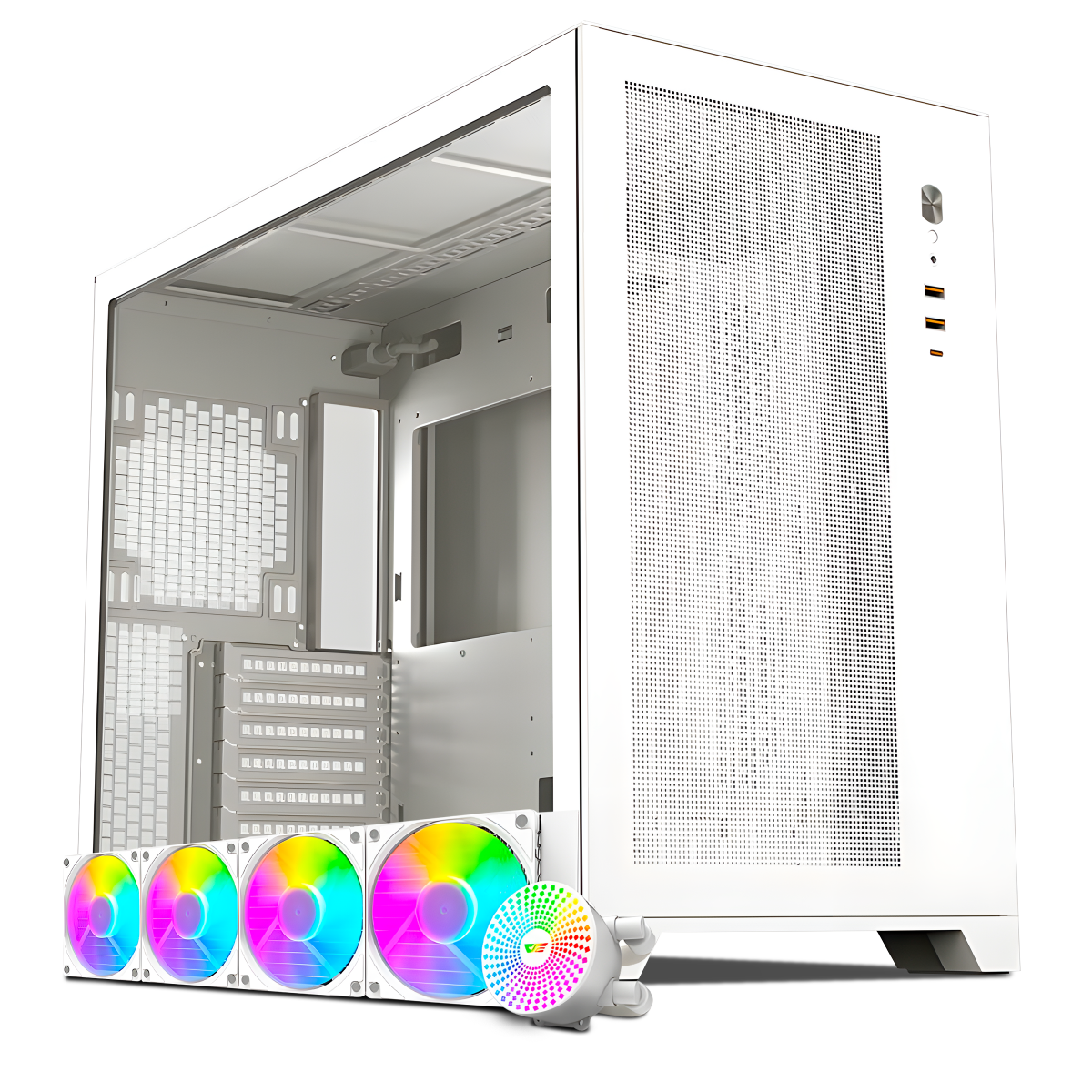 Kit Gabinete Gamer Aigo Darkflash DS5000 Mesh, Com 5 Fans, Branco + Water Cooler Aigo Darkflash Radiant DC480, ARGB, 480mm, Branco