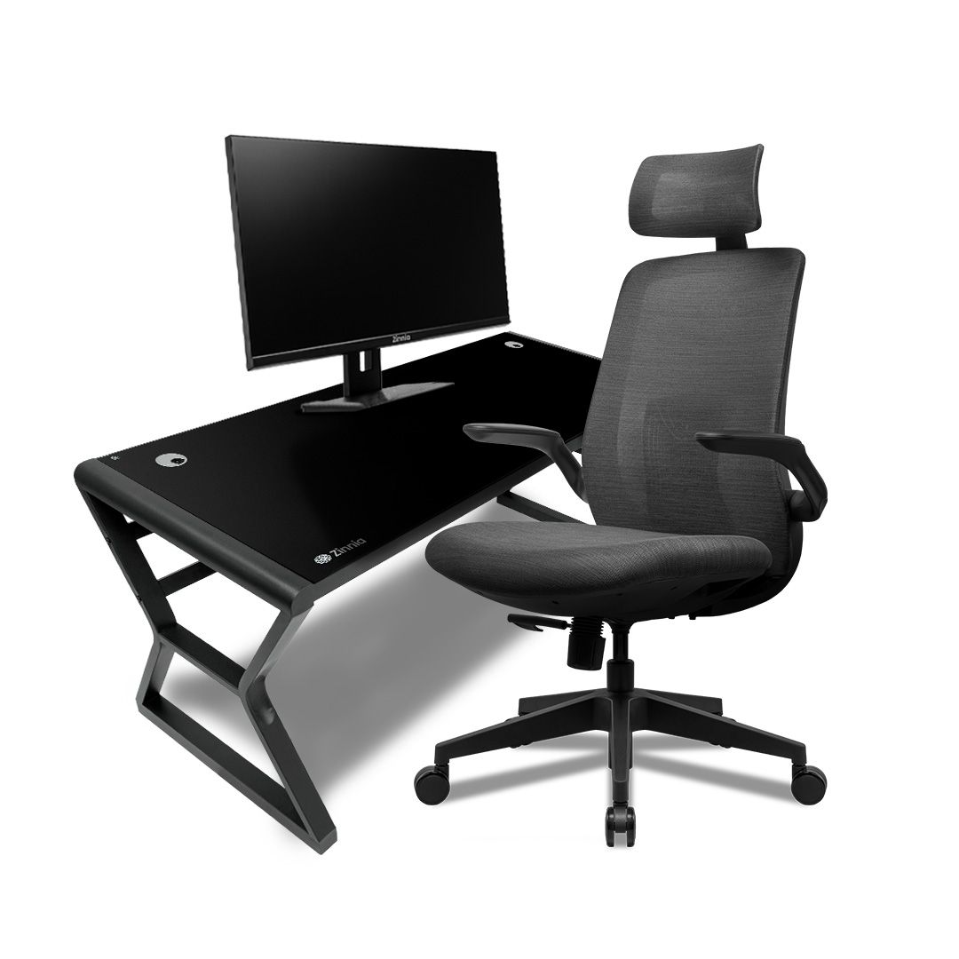 Kit office, Mesa para Escritório Zinnia Aurea A140, Vidro Temperado, 140cm, Preto, Cadeira Office Zinnia Venecia, Preto, Monitor Zinnia Zeugo, 27 Pol