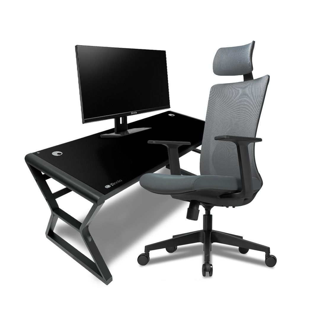 Kit office, Mesa para Escritório Zinnia Aurea A140, Vidro Temperado, 140cm, Preto, Cadeira Office Zinnia Zurich, Preto, Monitor Zinnia Zeugo, 27 Pol