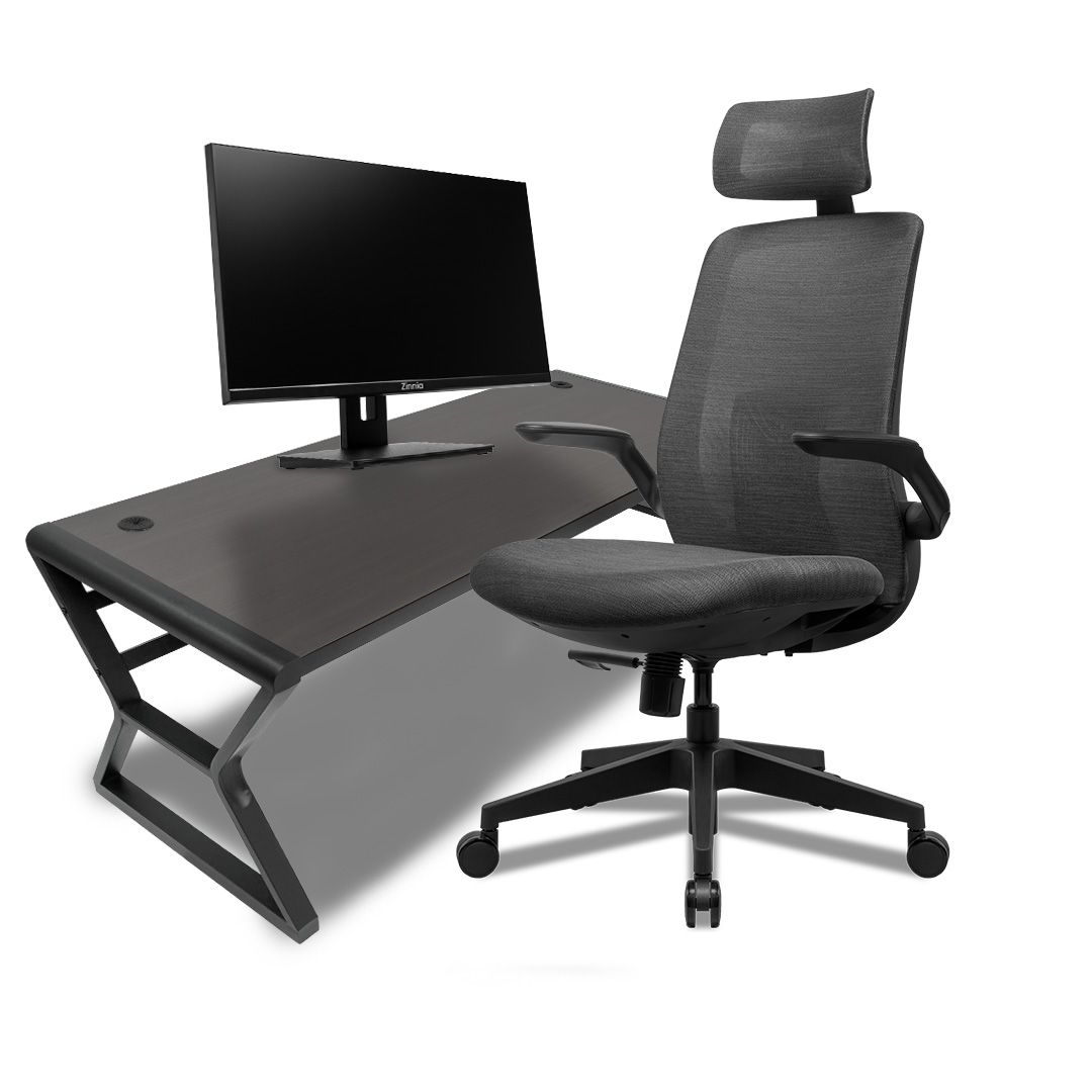 Kit office, Mesa para Escritório Zinnia Aurea A160, Tampo de Madeira 160cm, Preto, Cadeira Office Zinnia Venecia, Preto, Monitor Zinnia Zeugo, 27 Pol