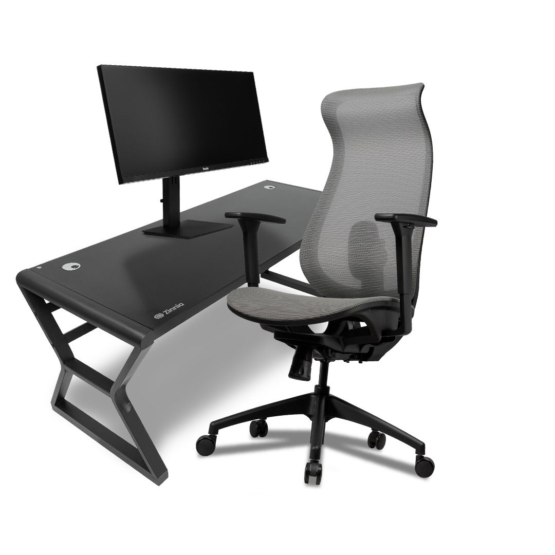 Kit office, Mesa para Escritório Zinnia Aurea A160, Vidro Temperado, 160cm, Preto, Cadeira Office Zinnia Florence, Preto, Monitor Zinnia Pegasi Pro UW29, 29 Pol