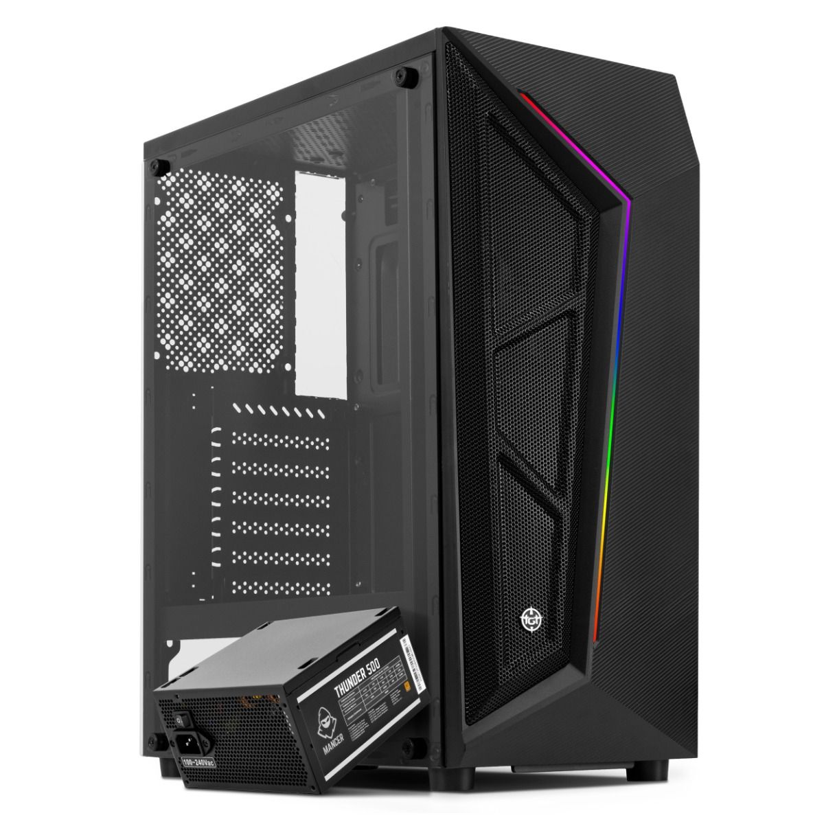 Kit Gabinete Gamer TGT Carbon, Com 3 fans, Preto + Fonte Mancer Thunder 500W