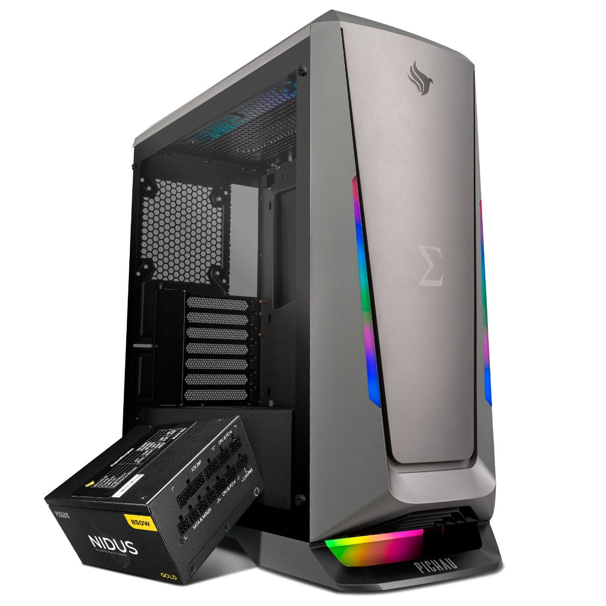 Kit Gabinete Gamer Pichau Sigma, RGB, Cinza e Preto + Fonte Pichau Nidus 850W