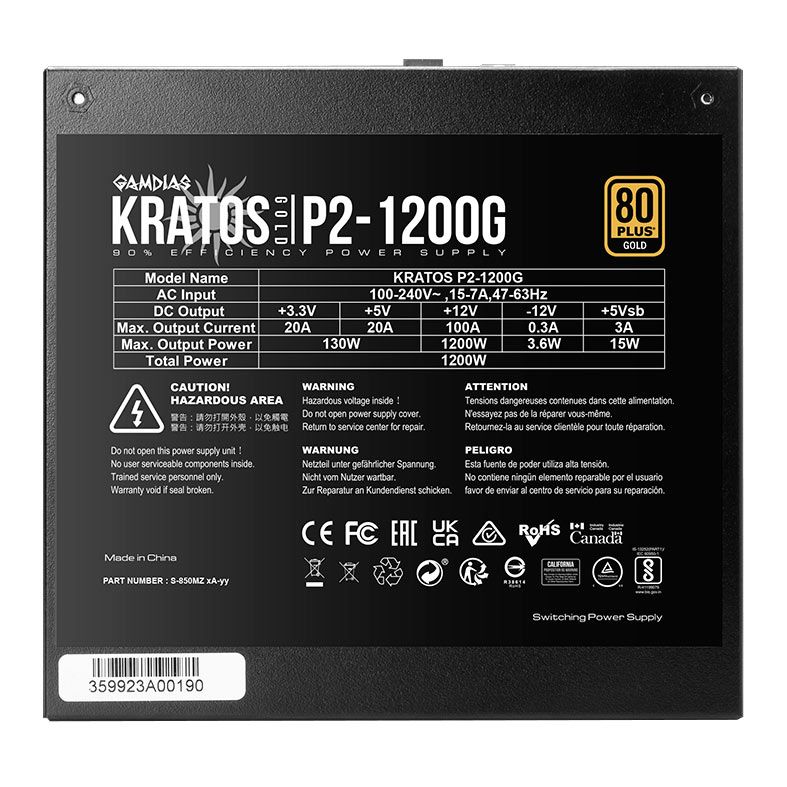 Fonte Gamdias Kratos P2-1200G, 1200W, 80 Plus Gold, Preto, KRATOS-P2-1200G