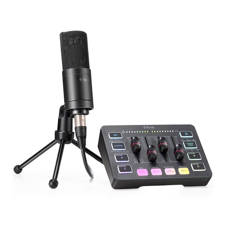 Kit Microfone Condensador e Audio Mixer Fifine KS2, RGB, USB-C/XLR, Preto, KS2-BLK