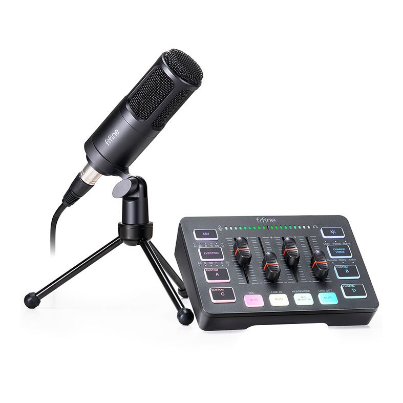 Kit Microfone Dinamico e Audio Mixer Fifine KS3, RGB, USB-C/XLR, Preto, KS3-BLK