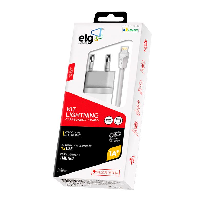 Kit Carregador Lightning ELG, 1m, Branco, KT810WC