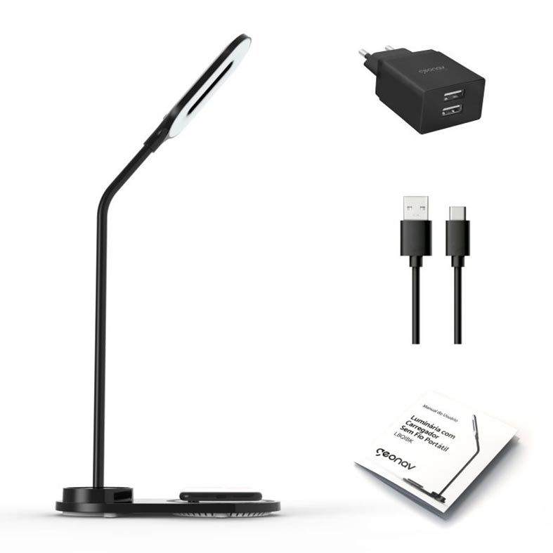 Luminaria Geonav Led Portatil e Carregador Qi por Inducao Preta, LBQIBK