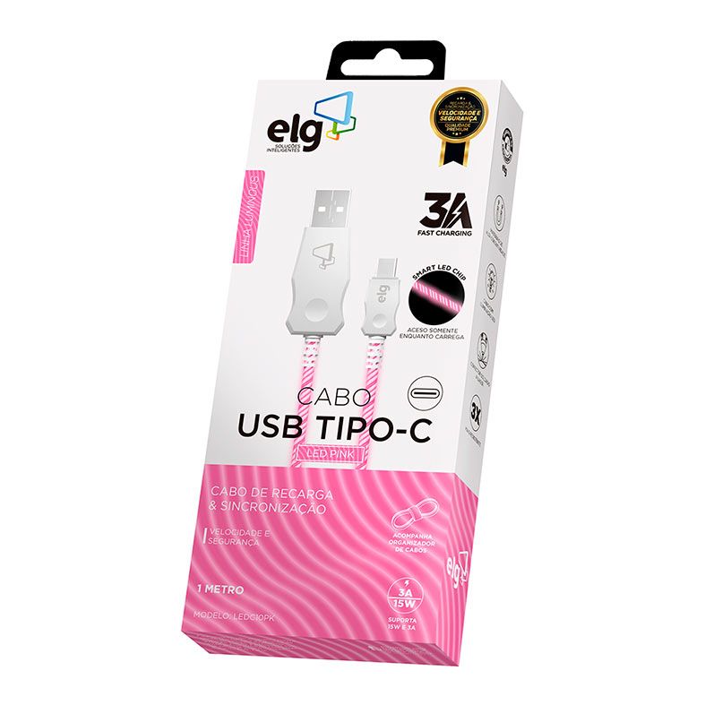 Cabo USb Tipo-C ELG, 1m, Led Pink, LEDC10PK