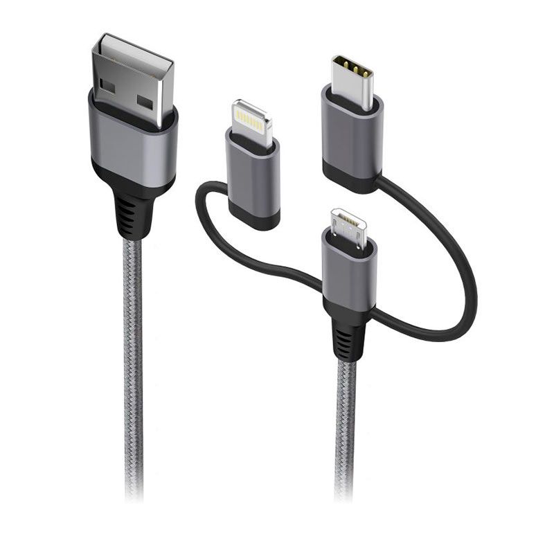 Cabo 3 em 1 Geonav, 1,5m, Micro USB, USB-C, Lightning, Nylon Trancado, Cinza, LMC31GR
