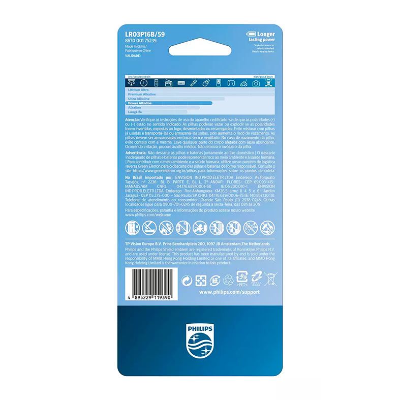 Pilhas Alcalina Philips, AAA, 16 Unidades, LR03P16B-59