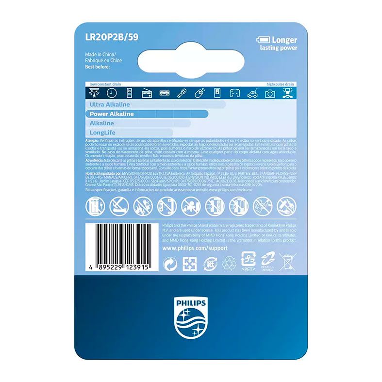 Pilhas Alcalina Philips LR20 D, Tipo-D, 2 Unidades, LR20P2B-59