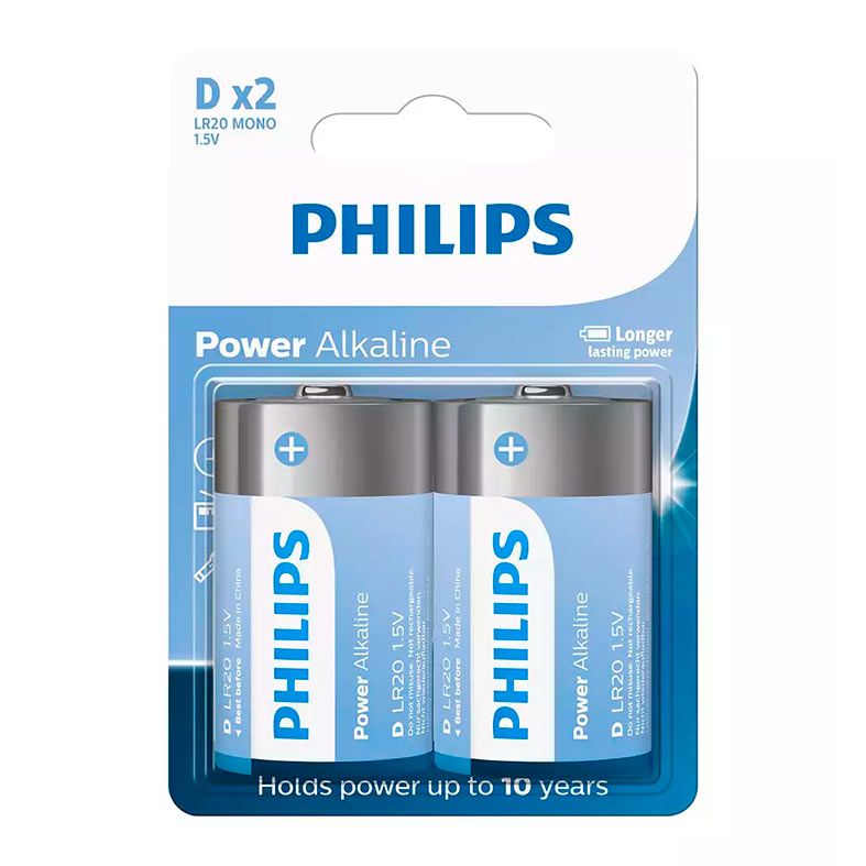Pilhas Alcalina Philips LR20 D, Tipo-D, 2 Unidades, LR20P2B-59