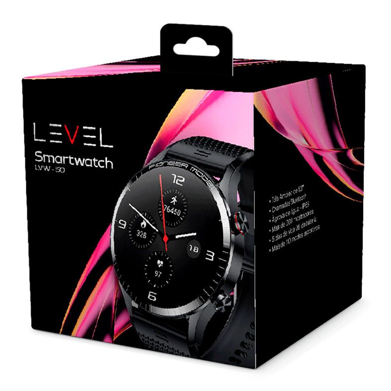 SmartWatch Level LVW-50, Compativel com Android e IOS, IP68, Preto, LVW-50SB