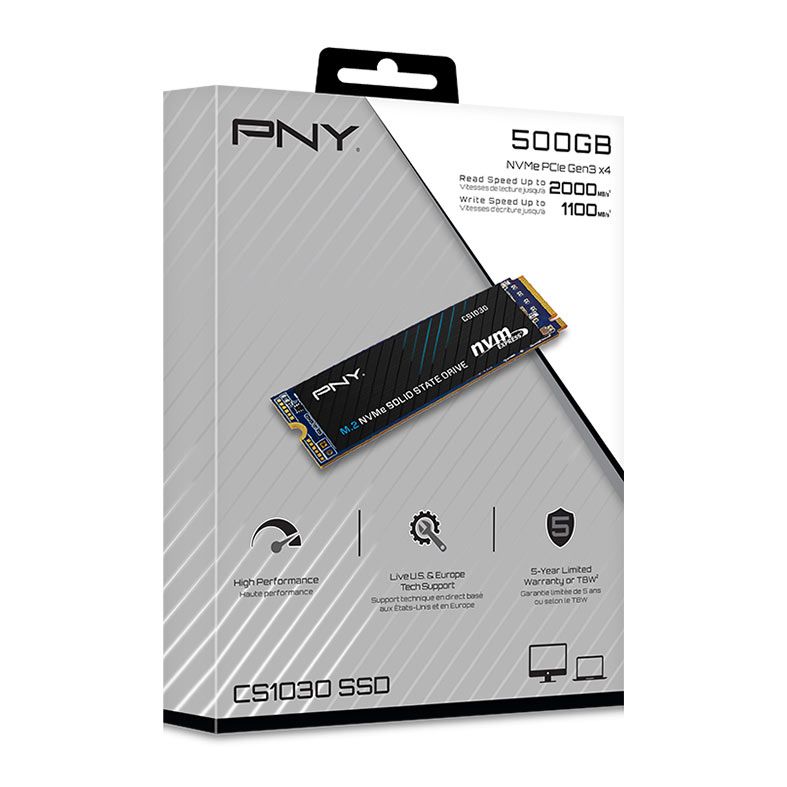 SSD PNY CS1030, 500GB, M.2 2280, PCIe NVMe, Leitura 2000 MB/s, Gravacao 1100 MB/s, M280CS1030-500-RB
