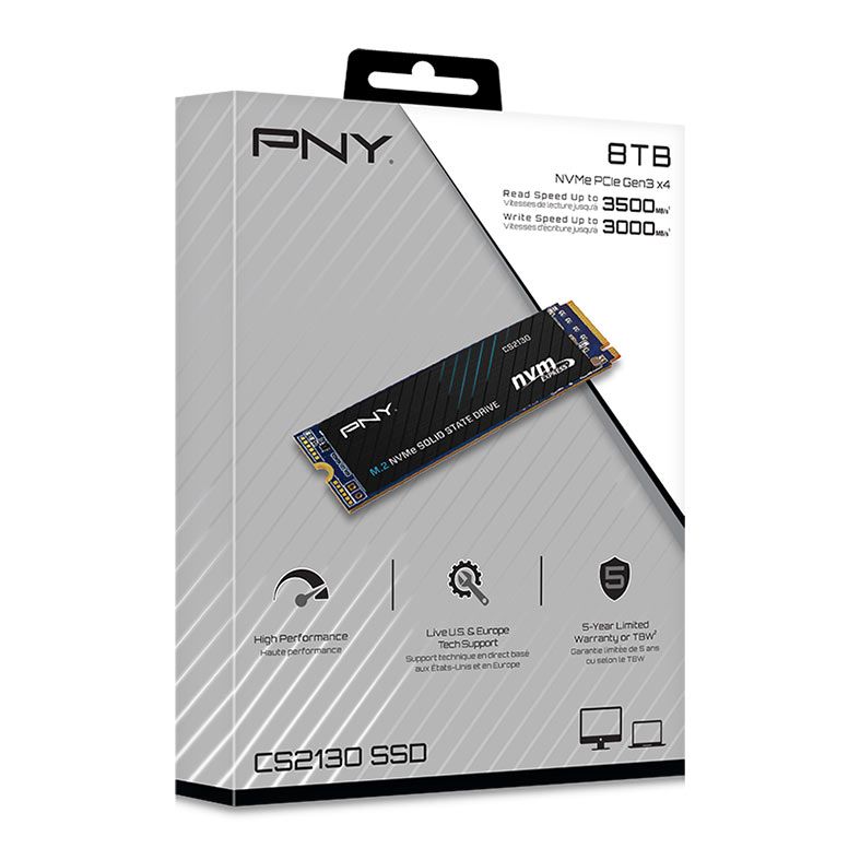 SSD PNY CS2130, 8TB, M.2 2280, PCIe NVMe, Leitura 3500 MB/s, Gravacao 3000 MB/s, M280CS2130-8TB-RB