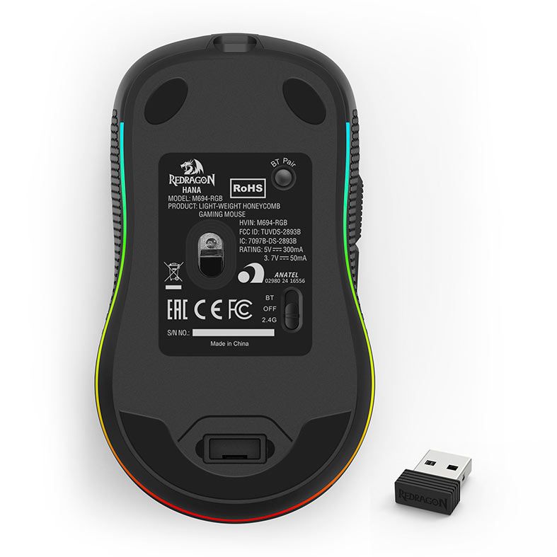 Mouse Redragon Hana, RGB, 7200DPI, 7 Botoes, Wireless, Preto, M694-RGB