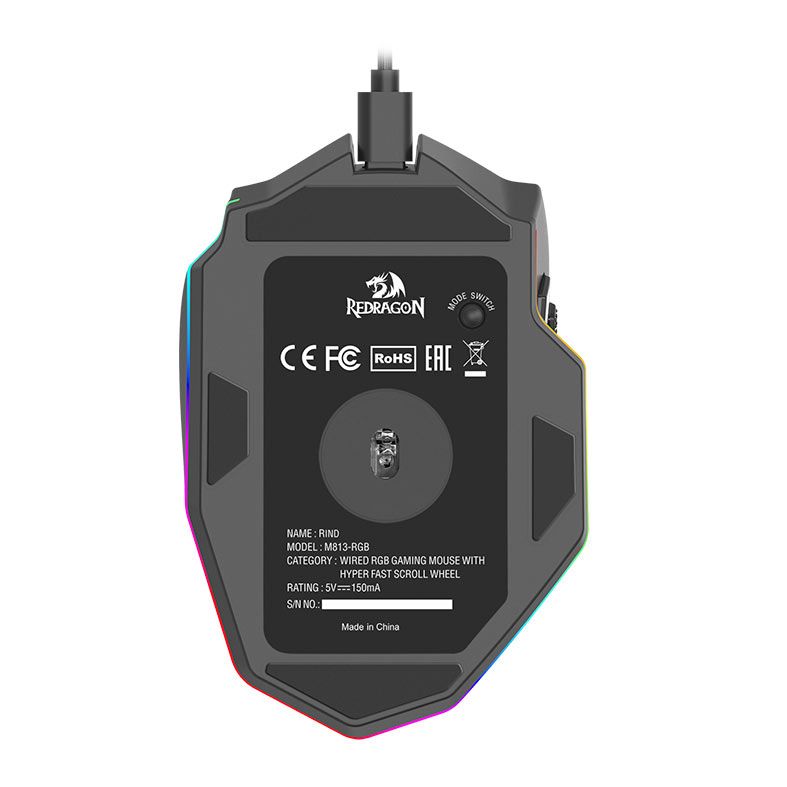Mouse Gamer Redragon Rind, RGB, 16000DPI, 10 Botoes, Preto, M813-RGB
