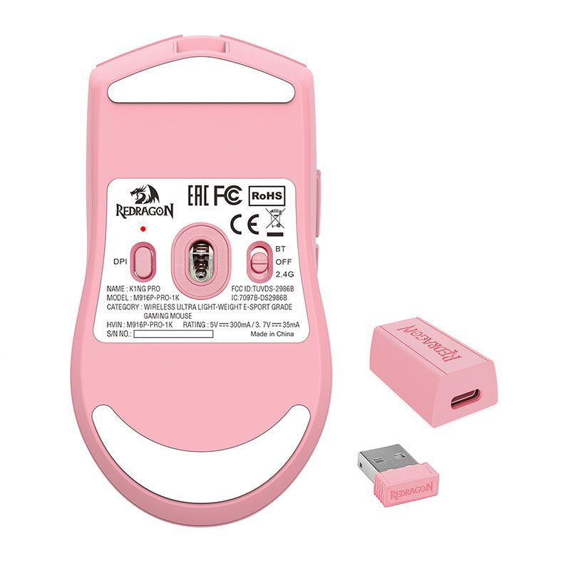 Mouse Gamer Redragon King Pro, 26000DPI, 5 Botoes, Wireless, Rosa, M916P-PRO-1K