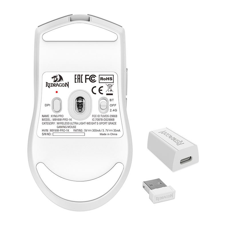 Mouse Gamer Redragon King Pro, 26000DPI, 5 Botoes, Wireless, Branco, M916W-PRO-1K