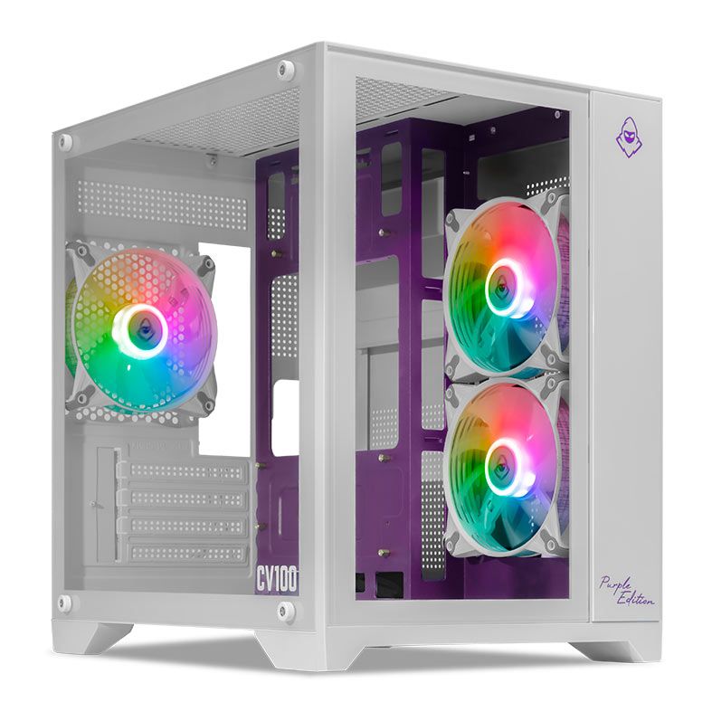 Gabinete Gamer Mancer CV100 Purple Edition, ARGB, Mid-Tower, Lateral De Vidro, Com 3 Fans, Branco, MCR-CV100-PEW